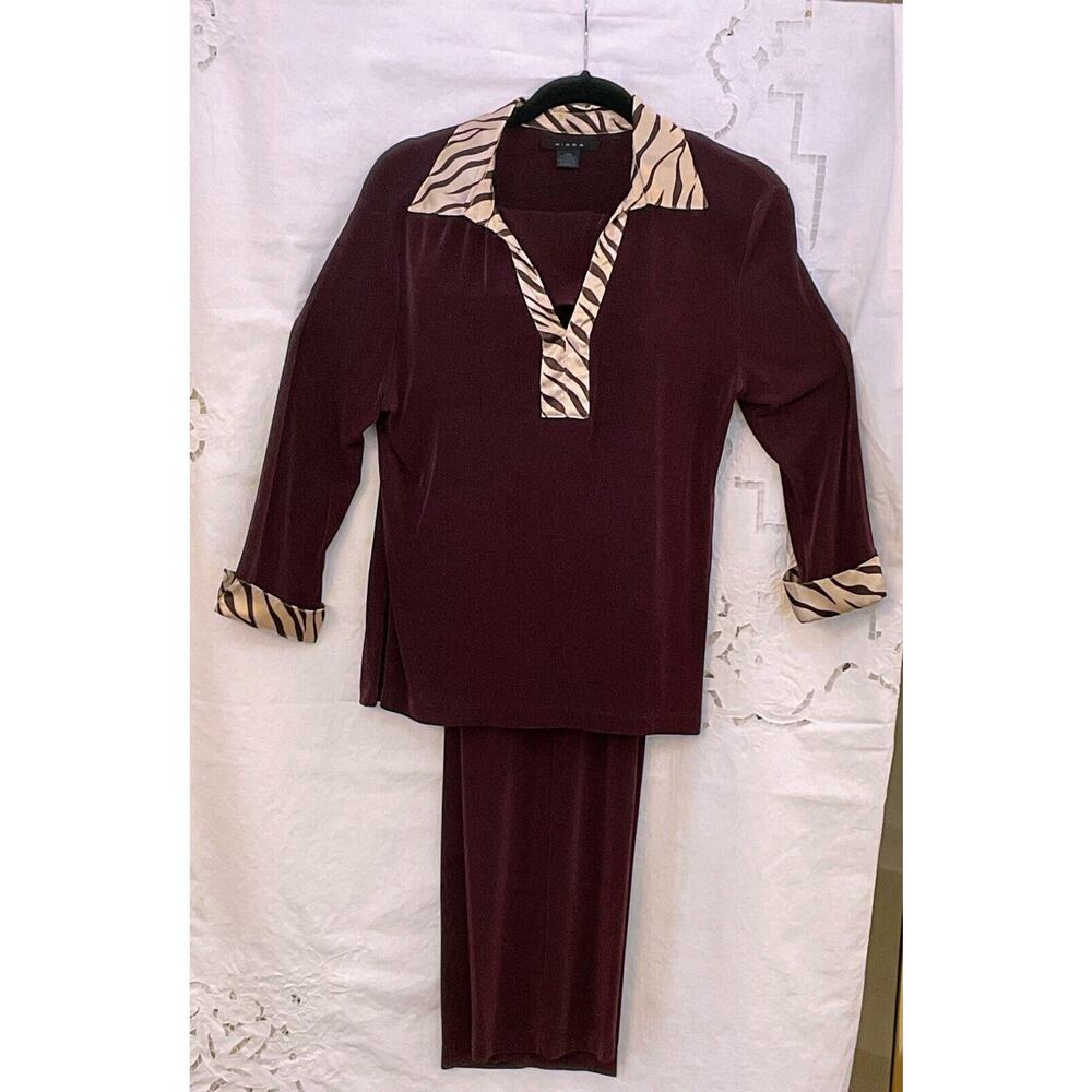 Kiara Travel Sexy Stretch Comfy Pull On Pant/Top Brown Satin Collar/Cuff LARGE
